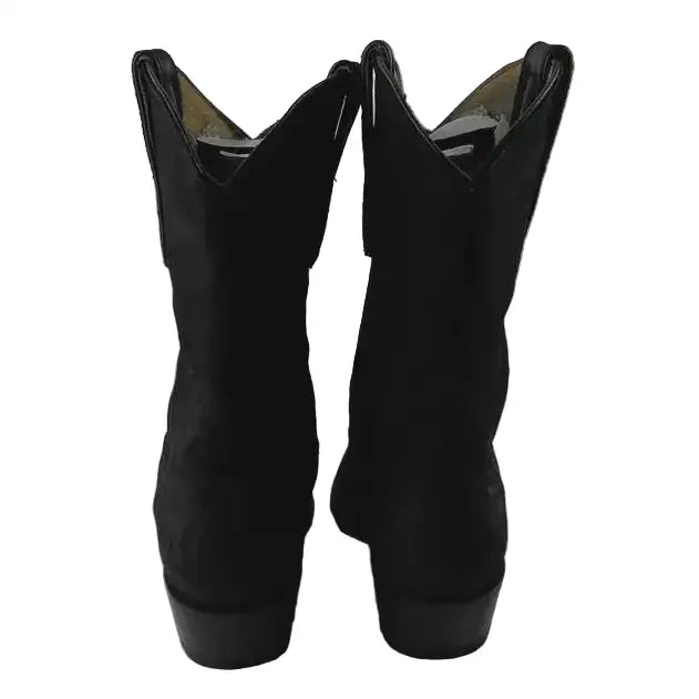 A pair of black leather cowboy boots shown from the back, positioned side-by-side on a neutral gray background.