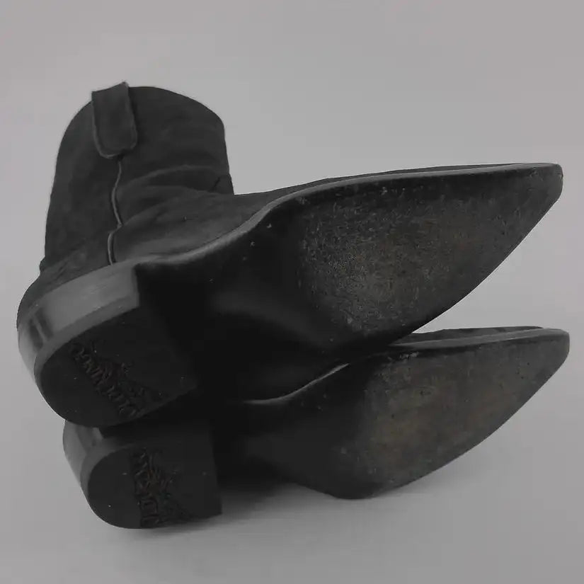 A pair of black leather cowboy boots shown from the sole side, photographed on a neutral light gray background.