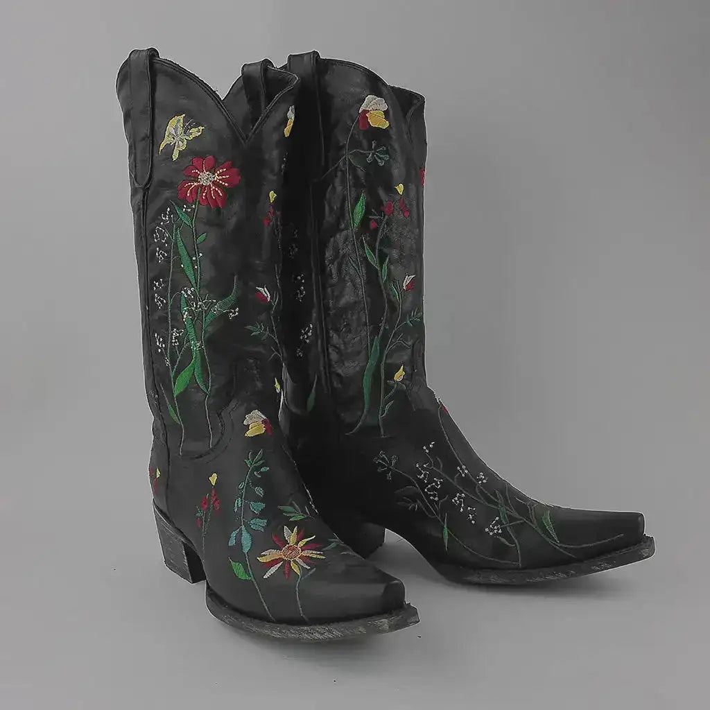 New Lane Floral Women's Snip Toe Cowboy Boots - Size 9 - Black