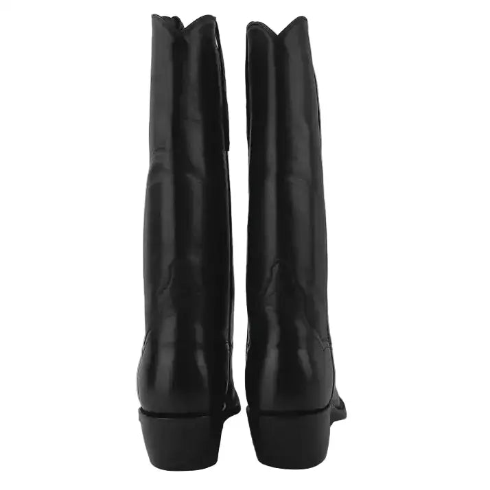 A pair of black leather cowboy boots shown from the back against a neutral gray background.