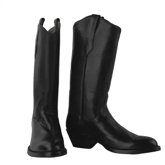 A pair of black leather cowboy boots with a mid-height heel, shown from the side against a plain gray background.