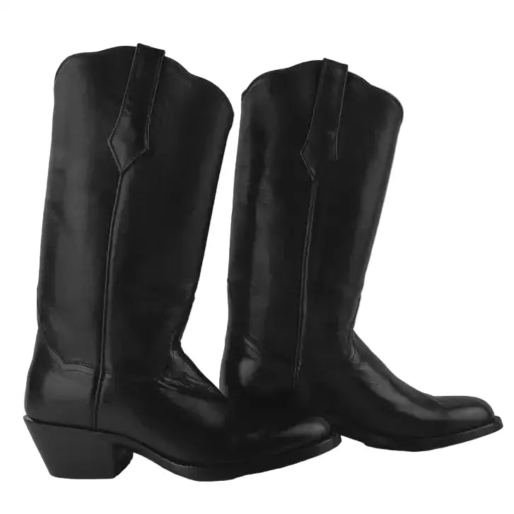 A pair of black leather cowboy boots with a mid-height block heel, shown from the side against a plain gray background.