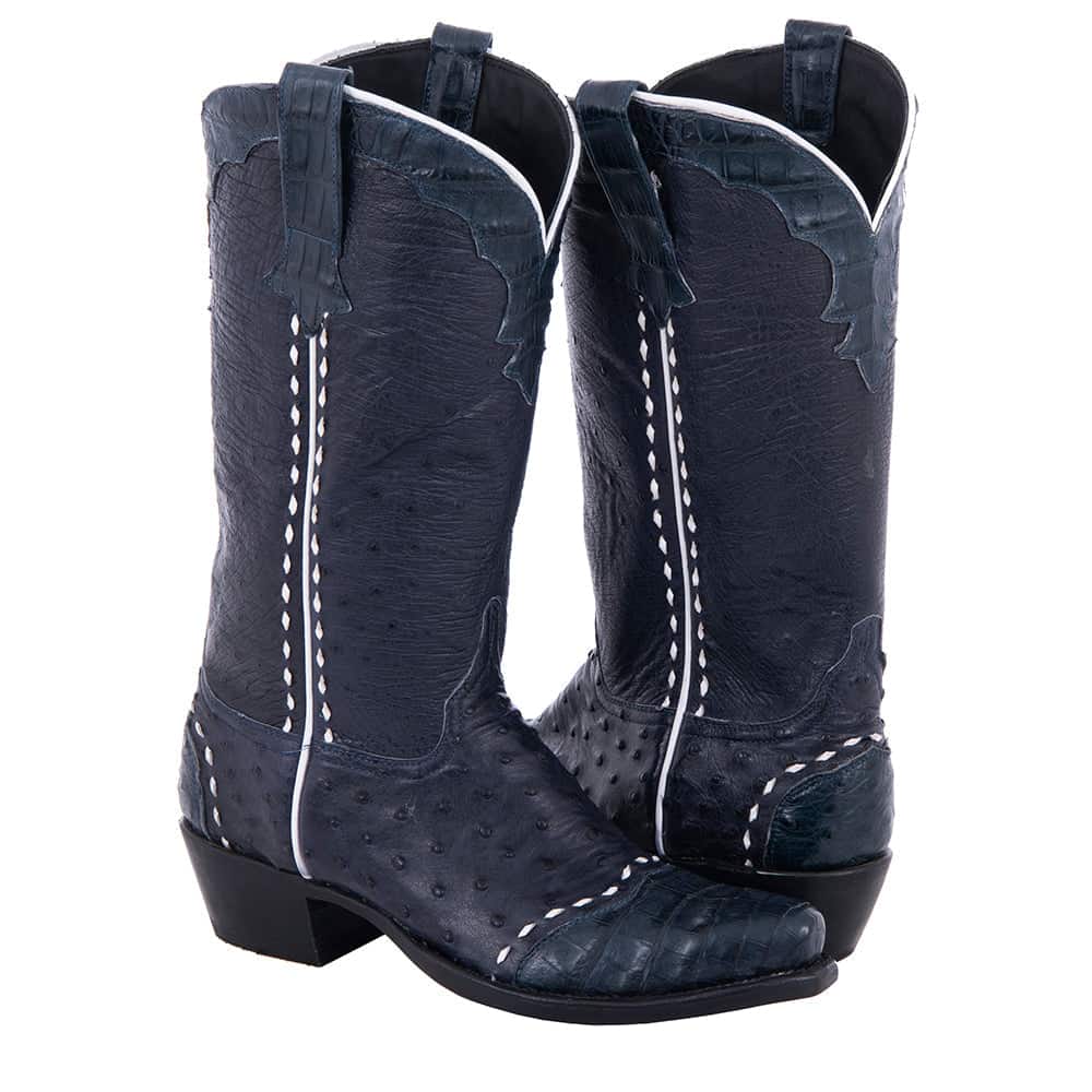 Burns Ladies 13" Navy Full Quill Ostrich and Caiman Cowboy Boots