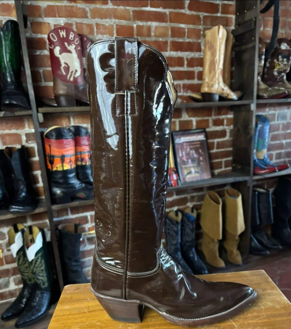 CABOOTS Handmade Tall Patent Leather Brown 5.5B Ladies Boots (Closeout)