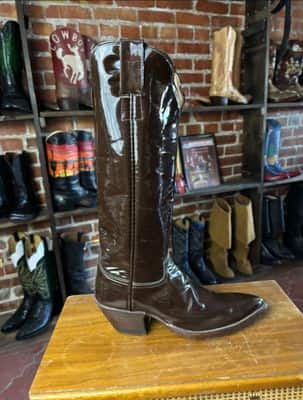 CABOOTS Handmade Tall Patent Leather Brown 5.5B Ladies Boots (Closeout)