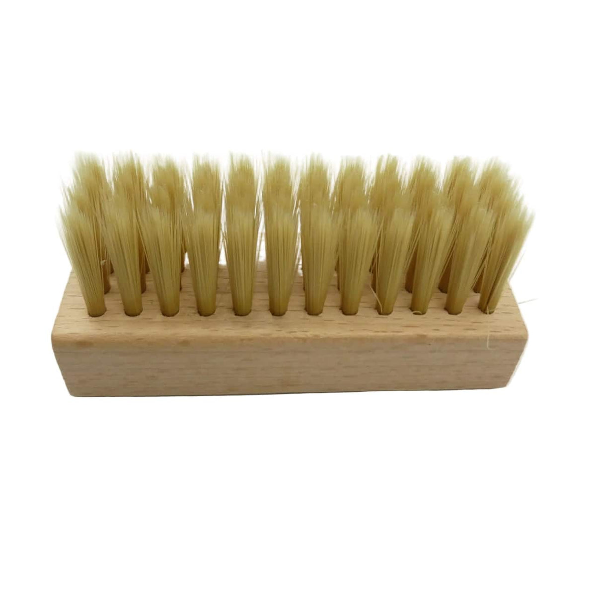 A small rectangular wooden-handled brush with dense natural tan bristles, photographed on a plain white background.