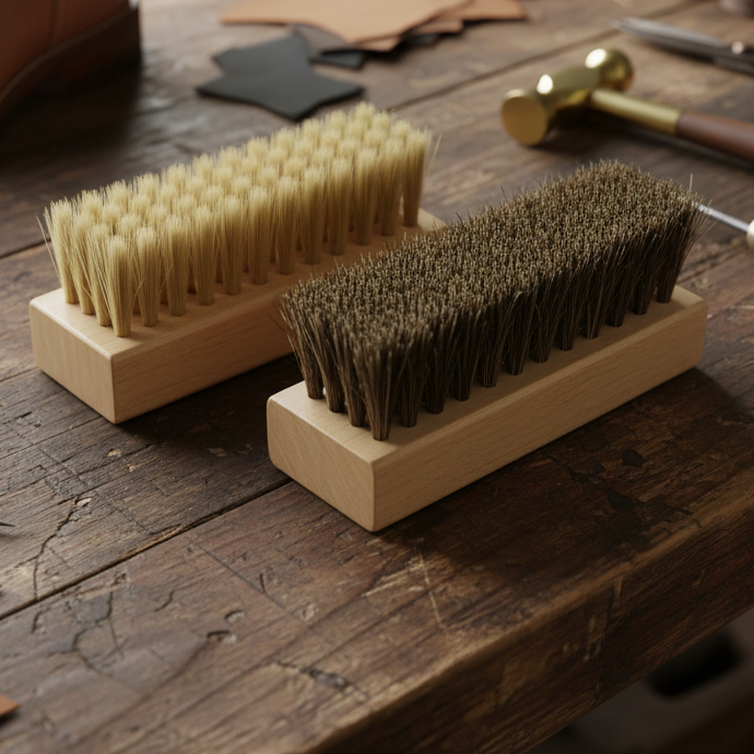 Two wooden cleaning brushes with light nylon and dark horsehair bristles resting on a rustic wooden workbench, with leatherworking tools in the background.