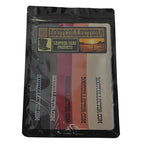 A black resealable stand-up pouch containing five applicator cloths for Boot Collector Leather Gear Products, shown on a light gray background. The cloths display black, brown, burgundy, orange, and beige color options with the brand name and website printed vertically.