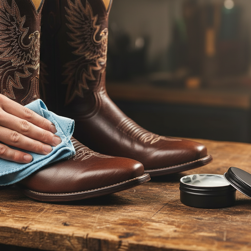 A close-up of a person's hand wiping a brown leather cowboy boot with a blue cloth, with another boot standing behind it and an open tin of leather conditioner on a rustic wooden table.