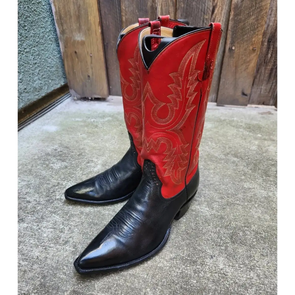 RIOS of MERCEDES Mens Vintage Red Black Pointed X Toe Cowboy Boots 8.5D