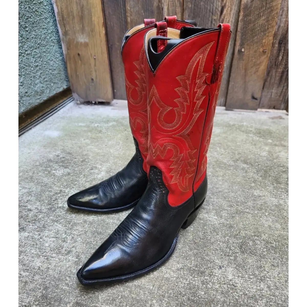 RIOS of MERCEDES Mens Vintage Red Black Pointed X Toe Cowboy Boots 8.5D