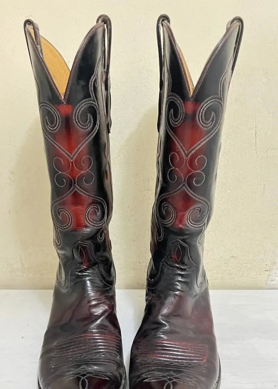 Vintage T.O. Stanley MEN'S Black Cherry Leather COWBOY WESTERN BOOTS SIZE 8 Rare