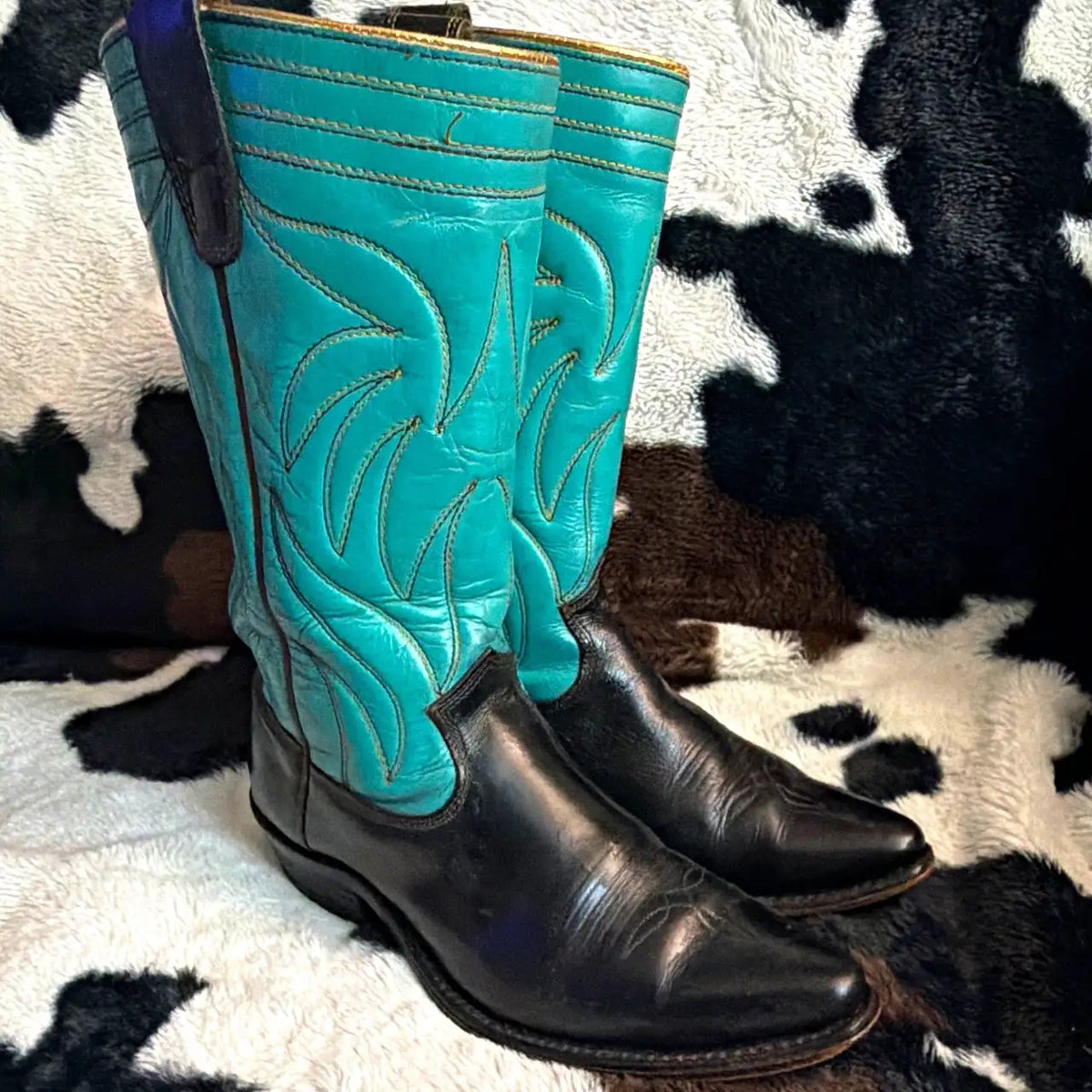 Vtg 1960s Texas Boot Co Cowboy Boots Turquoise Black Leather Womens 6 Rockabilly