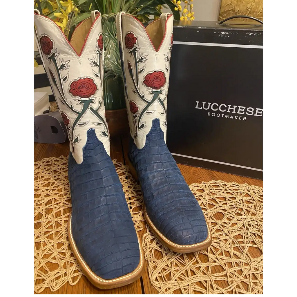 Lucchese Boots 'Evening Patriots' Blue Sueded Caiman 11.5D *NEW*