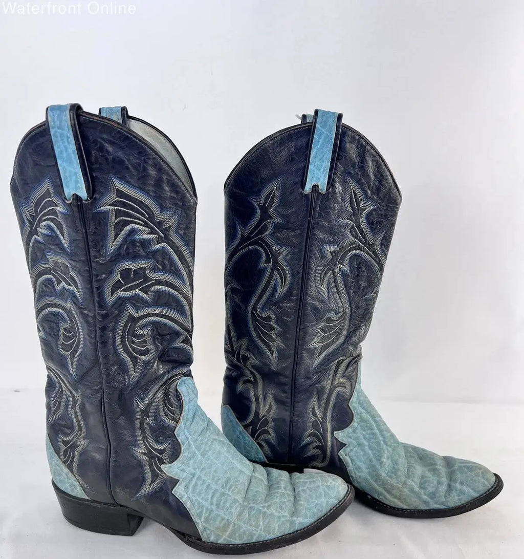 Larry Mahan Women 9.5 M Turquoise Embossed Leather Tall Cowboy Western Boots