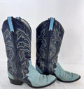 Larry Mahan Women 9.5 M Turquoise Embossed Leather Tall Cowboy Western Boots
