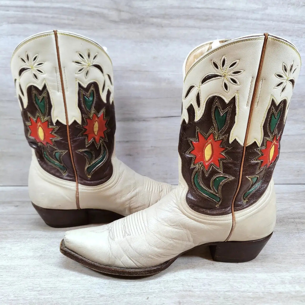 VTG Old Gringo Flower Western Boots Women 9 B Beige Floral Cowboy Cowgirl