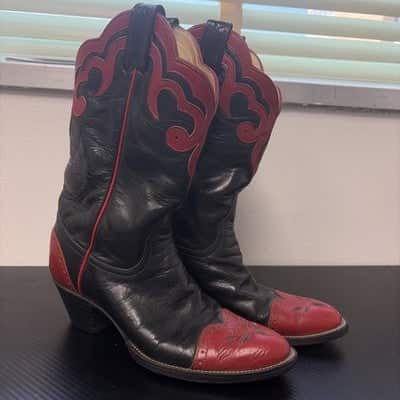 Vintage 70s Larry Mahan Western Cowgirl Red Black Western Rodeo Boots Womenâ€™s 5