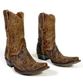 A pair of brown leather cowboy boots with intricate floral tooling and embossed patterns, shown on a plain white background.