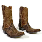 A pair of brown leather cowboy boots with intricate floral tooling and embossed patterns, shown on a plain white background.