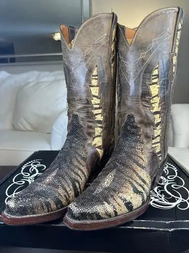 Black Jack Men's Handmade Exotic Tiger Brown Stingray Triad Snip Toe Boots 8.5EE