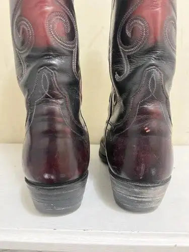 Vintage T.O. Stanley MEN'S Black Cherry Leather COWBOY WESTERN BOOTS SIZE 8 Rare