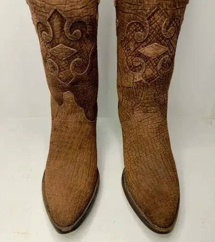 Lucchese Chocolate Full Hippo Print VTG Cowboy Boots 9.5c (Fit 8.5D)