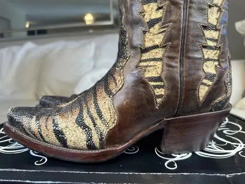Black Jack Men's Handmade Exotic Tiger Brown Stingray Triad Snip Toe Boots 8.5EE