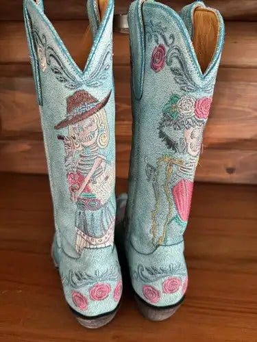 Old Gringo Turquoise Embroidered Skull Boots 7.5💀Cute with Magnolia Pearl!