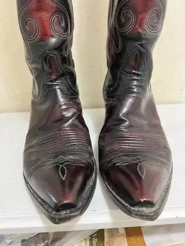 Vintage T.O. Stanley MEN'S Black Cherry Leather COWBOY WESTERN BOOTS SIZE 8 Rare