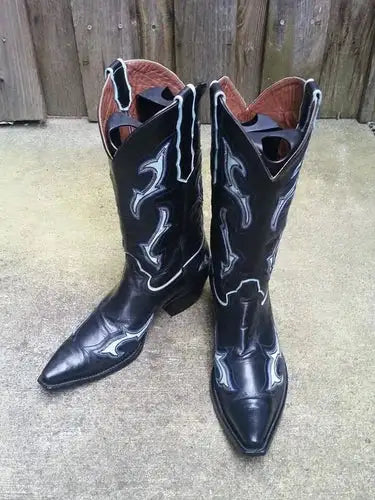 LONGHORN Mens CUSTOM Black Inlay Cowboy Western Boots sz 9-9.5D