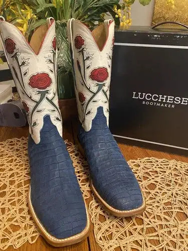 Lucchese Boots 'Evening Patriots' Blue Sueded Caiman 11.5D *NEW*