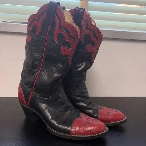 Vintage 70s Larry Mahan Western Cowgirl Red Black Western Rodeo Boots Womenâ€™s 5