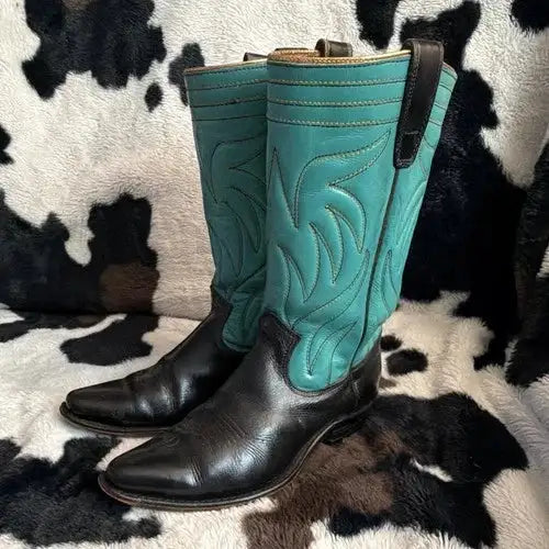 Vtg 1960s Texas Boot Co Cowboy Boots Turquoise Black Leather Womens 6 Rockabilly