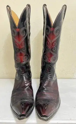 Vintage T.O. Stanley MEN'S Black Cherry Leather COWBOY WESTERN BOOTS SIZE 8 Rare
