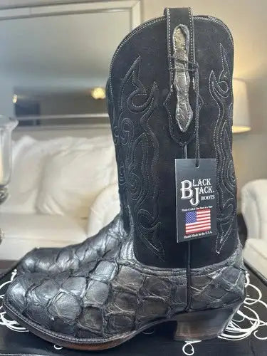 Black Jack Men's Handmade Exotic Anthracite Pirarucu John Wayne Toe Boots 10 D!