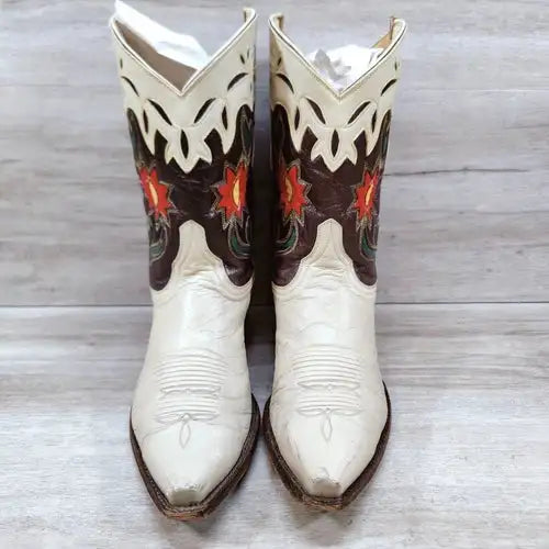 VTG Old Gringo Flower Western Boots Women 9 B Beige Floral Cowboy Cowgirl