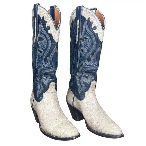 Vintage Garner Moss Ostrich Two Tone Grey Blue Leather Cowgirl Boots Size 6 A