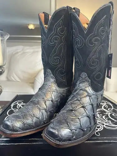 Black Jack Men's Handmade Exotic Anthracite Pirarucu John Wayne Toe Boots 10 D!
