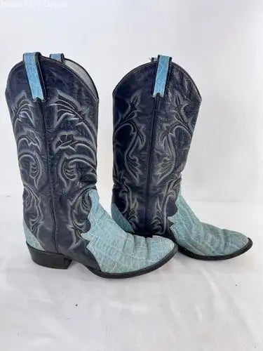 Larry Mahan Women 9.5 M Turquoise Embossed Leather Tall Cowboy Western Boots