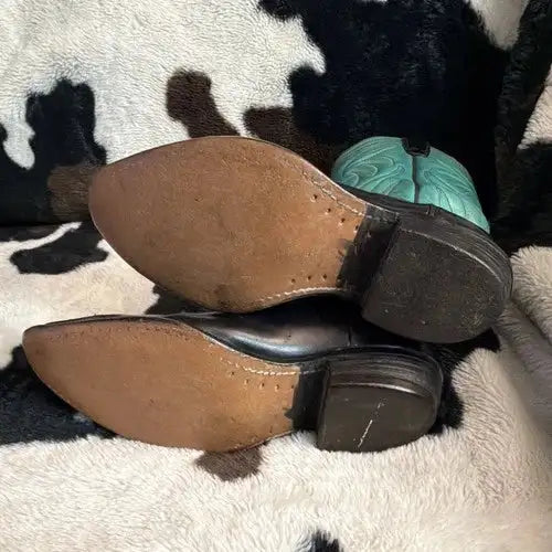 Vtg 1960s Texas Boot Co Cowboy Boots Turquoise Black Leather Womens 6 Rockabilly