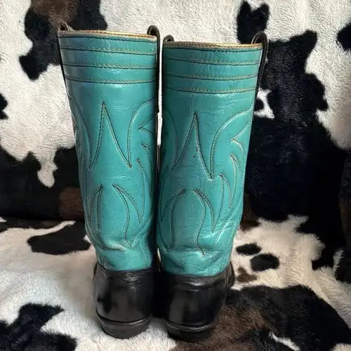Vtg 1960s Texas Boot Co Cowboy Boots Turquoise Black Leather Womens 6 Rockabilly