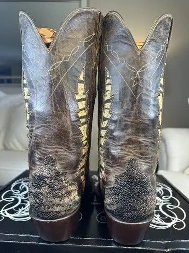 Black Jack Men's Handmade Exotic Tiger Brown Stingray Triad Snip Toe Boots 8.5EE