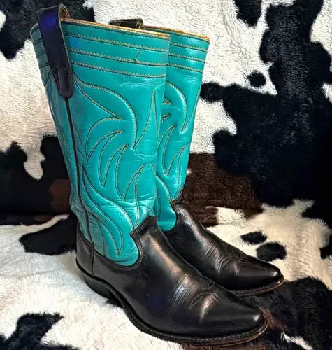 Vtg 1960s Texas Boot Co Cowboy Boots Turquoise Black Leather Womens 6 Rockabilly
