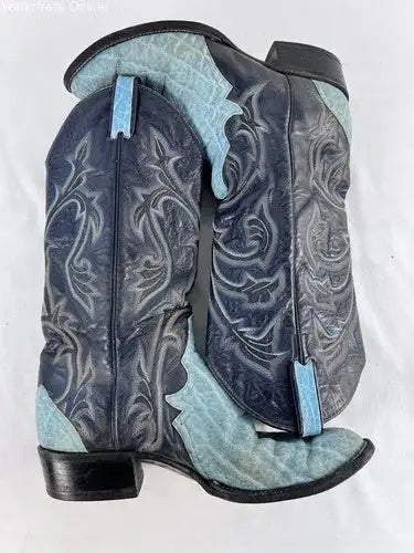 Larry Mahan Women 9.5 M Turquoise Embossed Leather Tall Cowboy Western Boots