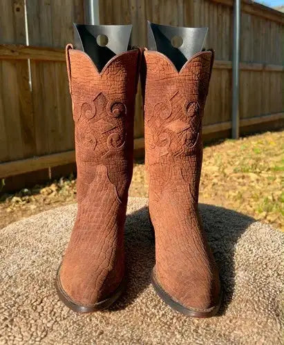 Lucchese Chocolate Full Hippo Print VTG Cowboy Boots 9.5c (Fit 8.5D)