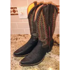 Chocolate colored Sharkskin cowboy boots with fancy stitching.