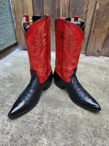 RIOS of MERCEDES Mens Vintage Red Black Pointed X Toe Cowboy Boots 8.5D
