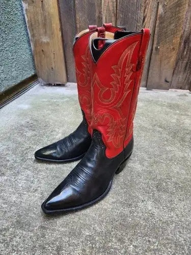 RIOS of MERCEDES Mens Vintage Red Black Pointed X Toe Cowboy Boots 8.5D
