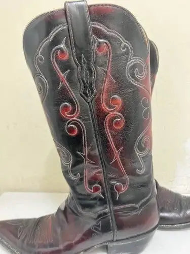 Vintage T.O. Stanley MEN'S Black Cherry Leather COWBOY WESTERN BOOTS SIZE 8 Rare